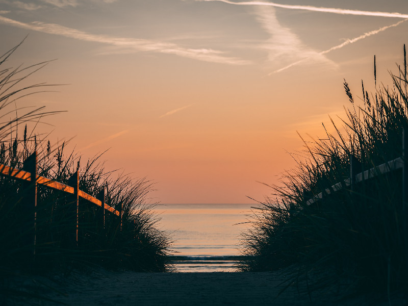 Photo of a boardwalk by toward the ocean during sunset