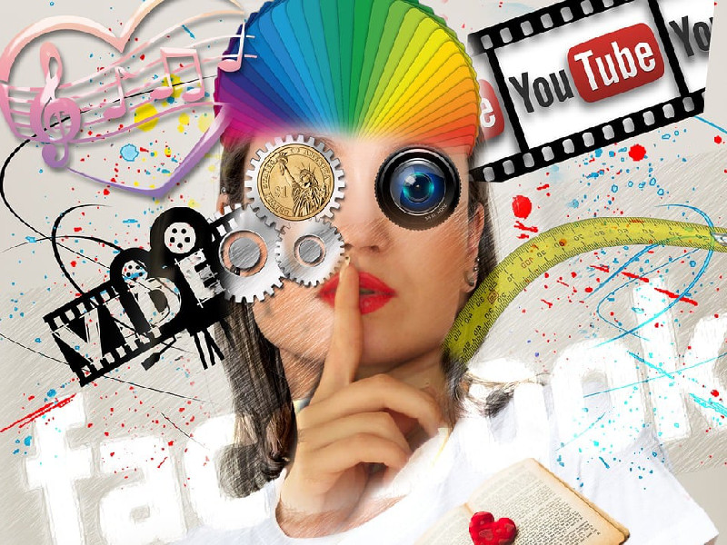 Illustration of woman holding index finger to mouth with social media graphics swirling around her