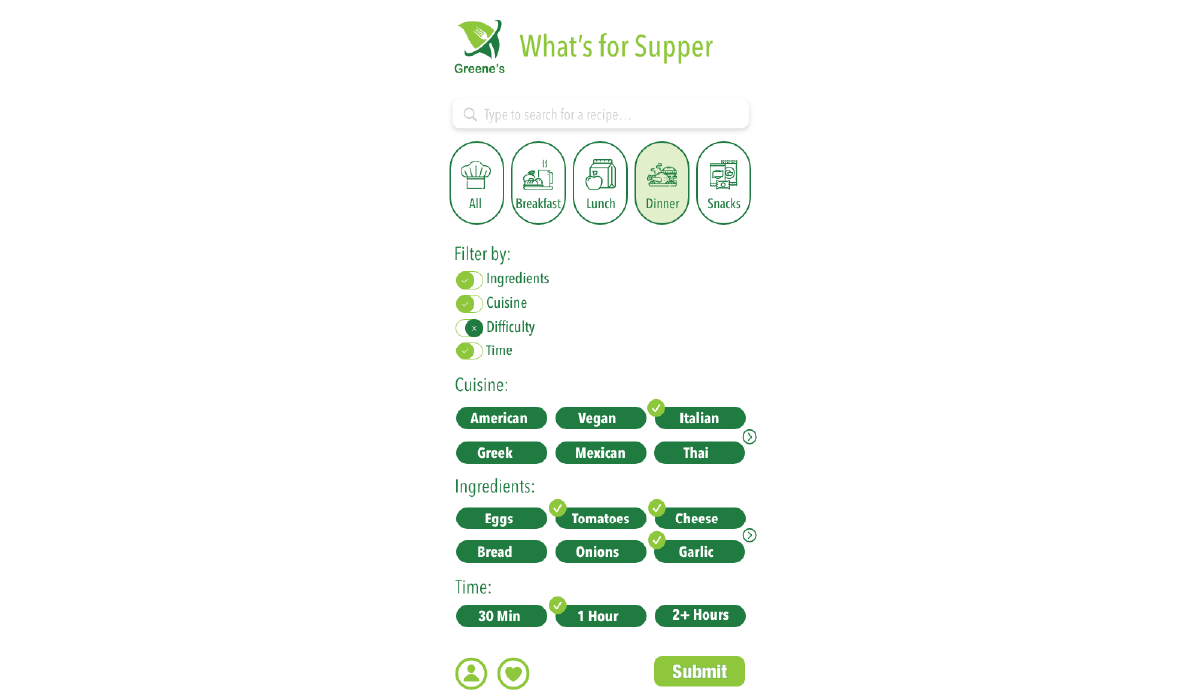 Illustration of food app inteface thats green and had various of filter input.