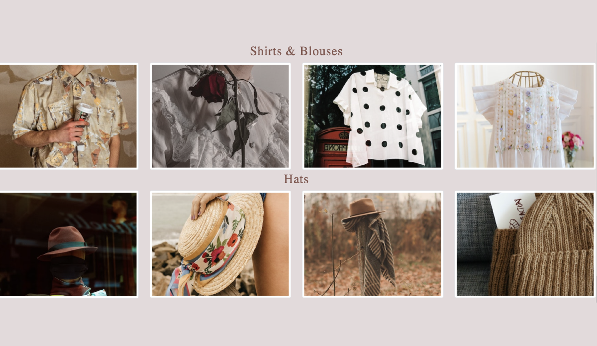 Eight squares with four images of shirts in the top row of squares and hats on the bottom four.
