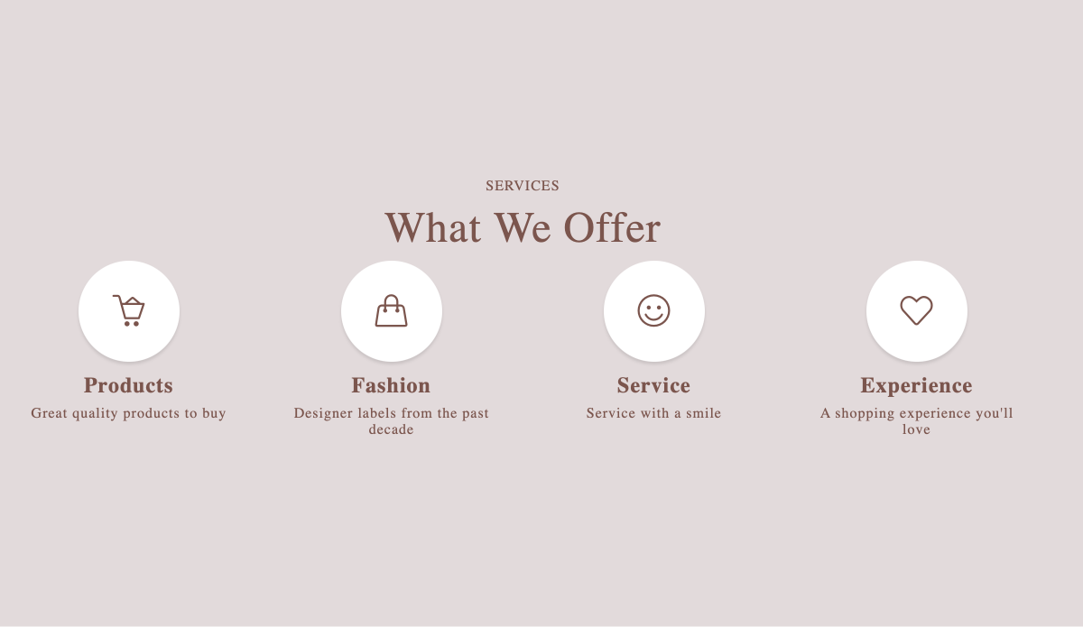 four circles each with different icon. Icons include a shopping cart a hand bag a happy emoji and a heart.