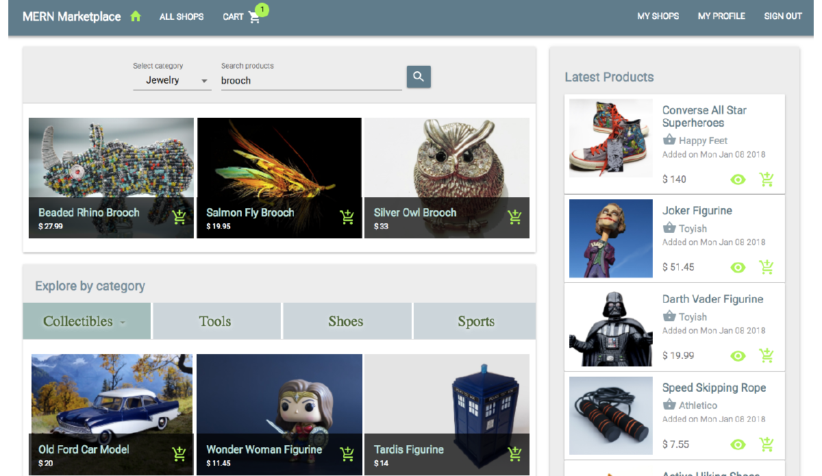 Online store with products and prices on display, along with catogories to filter through.