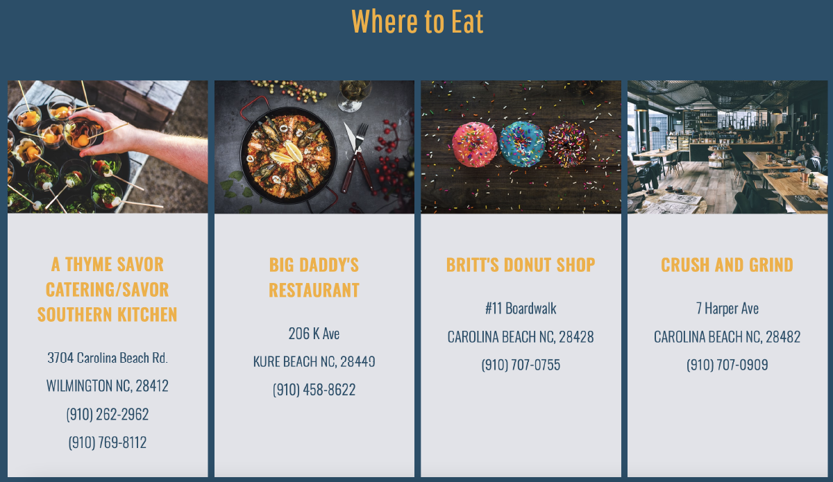 Four rectangles with images of food on display with name of restaurant and adress below photo.