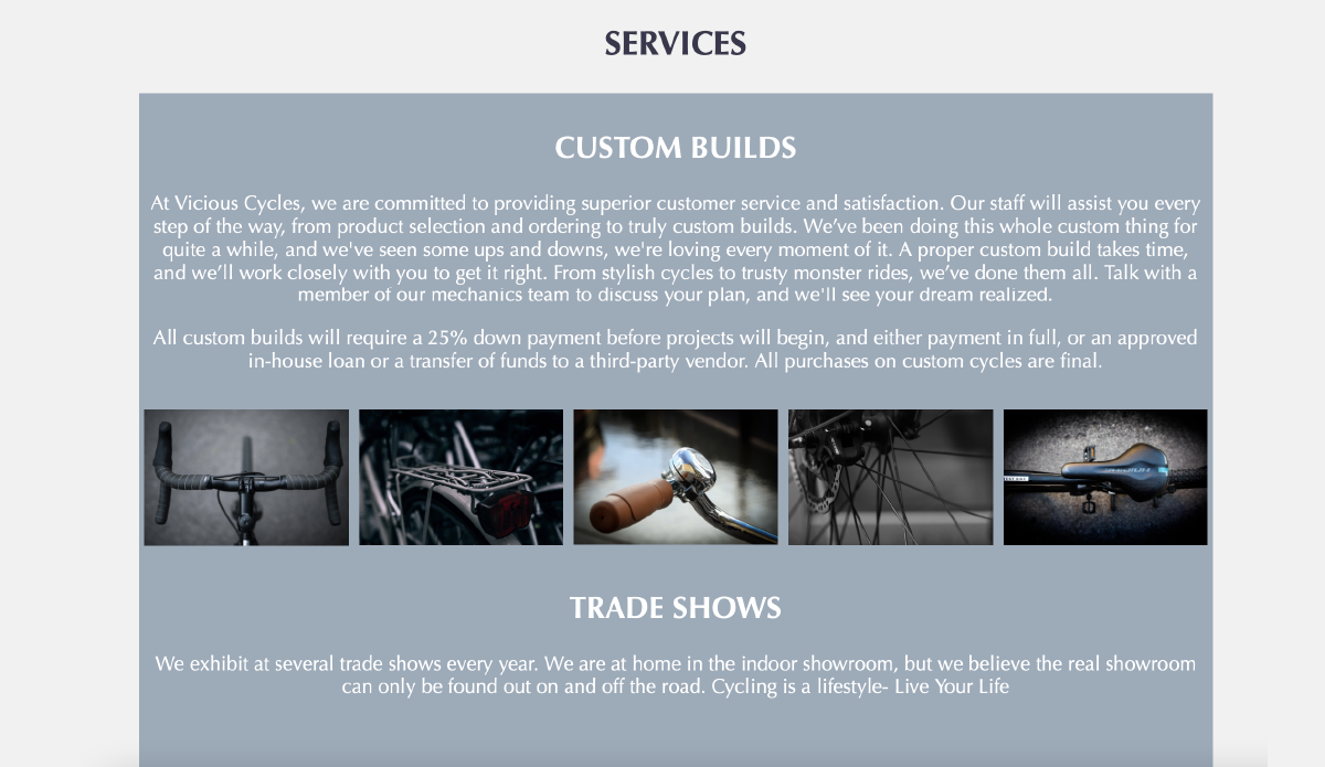 % images of different parts of bike, like seat, wheel and handlebar.